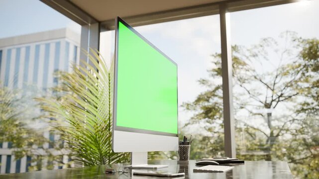 Desktop All in One Computer Green Screen Mockup in Modern Office with Swaying Plants Seamless Loop