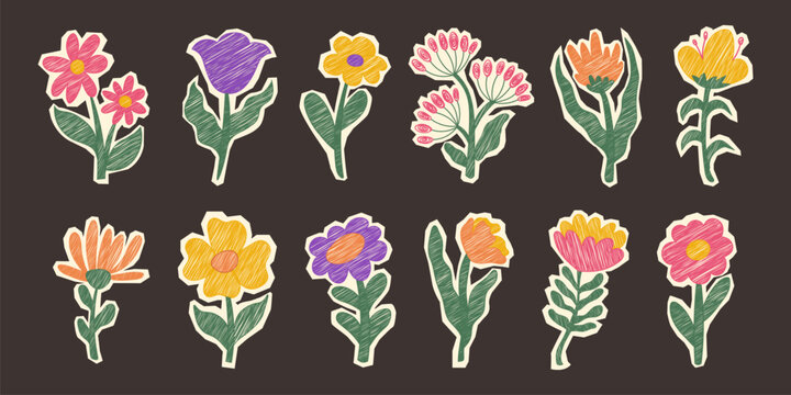Flower cutout elements for scrapbook design with vintage paper textures and floral spring aesthetic. Colorful stickers with nature blooms, magazine shapes and feminine girly patterns for journal.