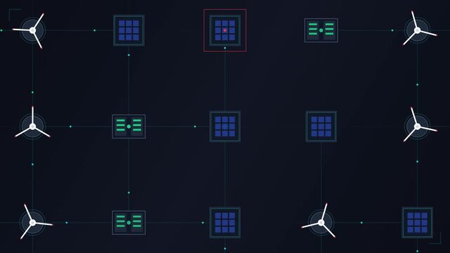 Animated grid of rotating wind turbines and data squares representing Spain