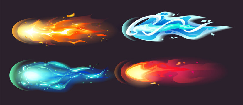 Gun effect with flame burst and magical energy beam for cartoon game assets. Futuristic alien weapon blast with colorful vfx light trails and smoke elements for fantasy fight graphic.