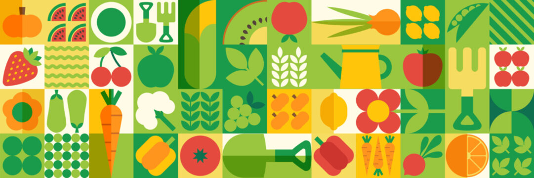 Geometric food pattern with fresh fruit and vegetable icons on minimal background. Abstract vector design with lemon, carrot and berry elements in modern flat style for eco agricultural banners.