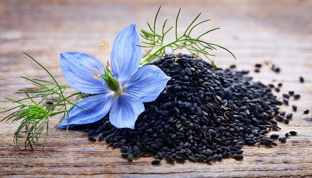 Black Cumin Seeds With Nigella Sativa Flower On Old Wooden Background