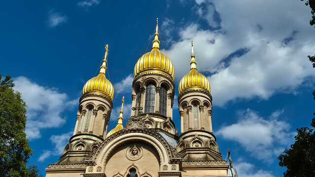 3 Goldene Kuppeln der russisch-orthodoxen Kirche in Wiesbaden
