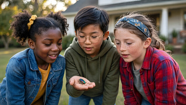 Three diverse kids examining a tiny iridescent jewel beetle in palm of hand in suburban backyard at golden hour, sharing wonder and curiosity during a joyful outdoor nature discovery education moment