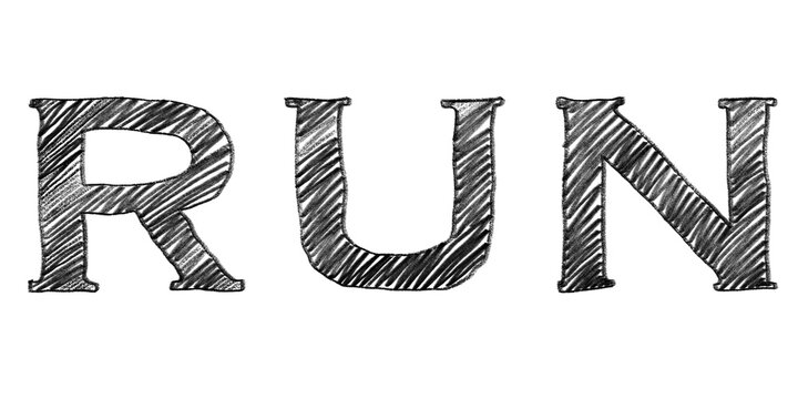 Handwritten pencil sketch word Run with textured graphite strokes, dynamic typography for athletic or motivational concepts, isolated on transparent background for professional graphic design.