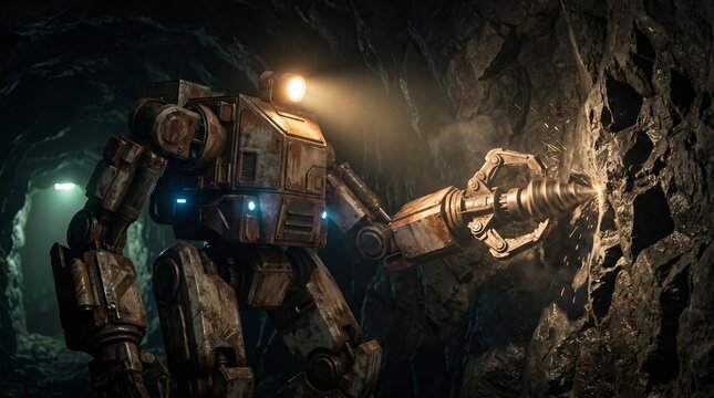 Mining robot drilling into dark rock walls inside underground tunnel using mechanical arms with bright spotlights and sparks flying
