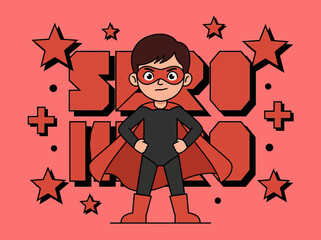 Little Boy Superhero Illustration in Red and Black Costume with Comic Text Background