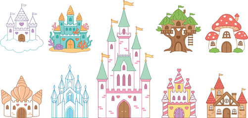 Obraz premium Cute fairytale castle and fantasy house vector icon set with whimsical kingdom element collections,