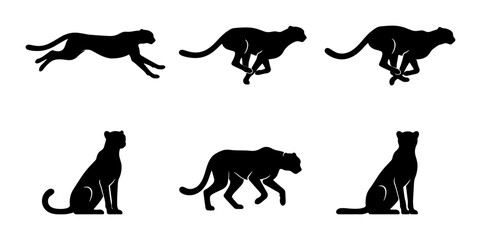 Fototapeta premium Cheetah Silhouette Set, Wild Cat Poses Vector Collection, Speed and Graceful Animal Graphics, Black and White Iconography