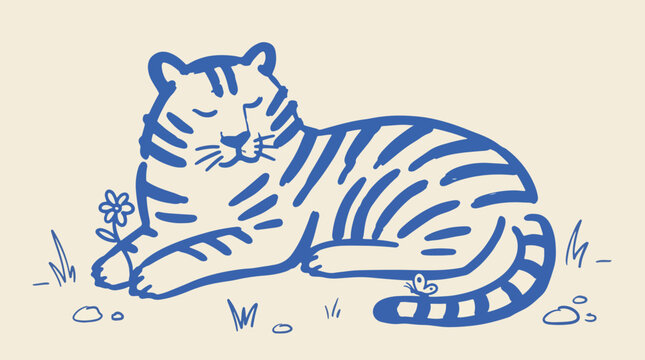 Sleepy tiger resting in grass doodle vector illustration
