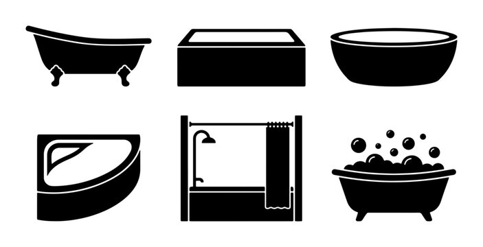 Bathroom Fixtures Collection: Bathtub Icons, Shower Stall, Soaking Tub Silhouettes for Home Renovation and Interior Design