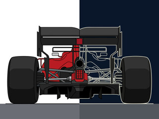 Obraz premium Technical Illustration of Formula 1 Car Rear View with Split Aerodynamics and Wireframe Design