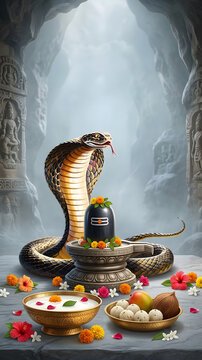 Sacred Shiva Lingam with Majestic Cobra Snake Hood in Cave with Milk Bowl Sweets and Flowers Illustration for Nag Panchami and Maha Shivratri
