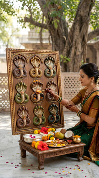 Indian Woman in Traditional Saree Performing Nag Panchami Rituals Offering Milk to Wooden Cobra Snake Panel Photo
