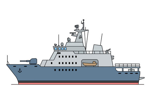 Modern Naval Warship Flat Vector Illustration Isolated on White Background