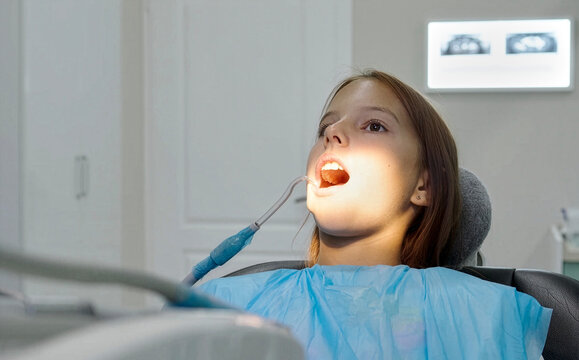 A pediatric dentist treats the teeth of a little girl sitting in the dental chair.