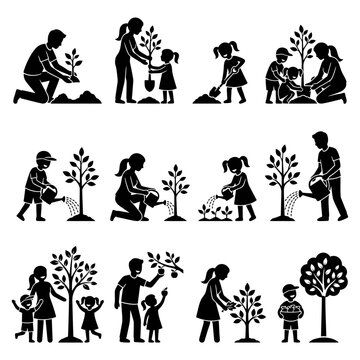 Family Planting Trees Together in Garden