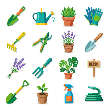 Gardening Tools and Plants Icons Set
