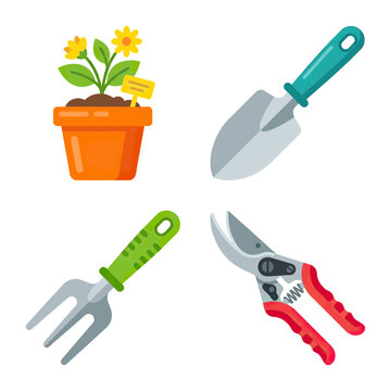 Gardening Tools and Potted Plant Illustration
