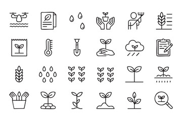 Fototapeta premium Agriculture Outline Icons with Plant Growth, Soil Care and Sustainable Farming Symbols