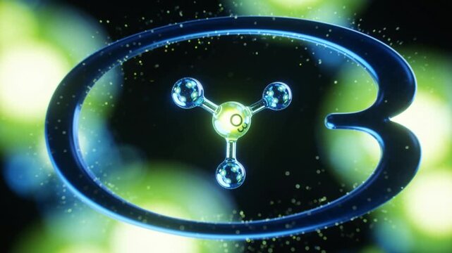 Glowing ozone molecule O3 floating in dark void with soft light particles