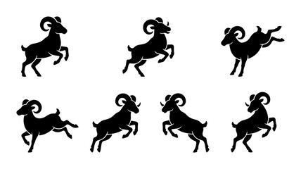 Fototapeta premium Ram Silhouette Icons, Aries Zodiac Symbols, Dynamic Animal Poses Vector Set, Astrology and Livestock Graphics