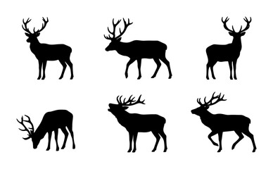 Naklejka premium Deer Silhouettes Collection: Majestic Stag Vector Icons, Wildlife Animal Graphics, Forest Creature Illustrations, Hunting Symbol Set