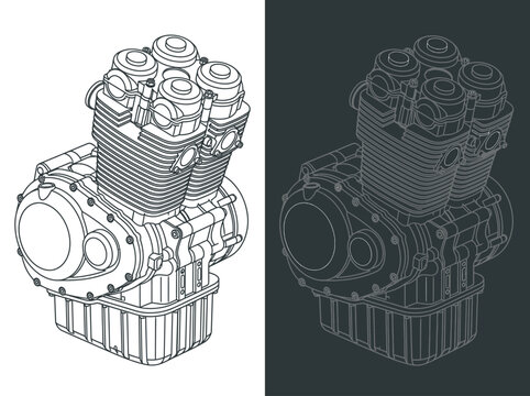 Isometric Line Art Illustration of a Four-Cylinder Motorcycle Engine
