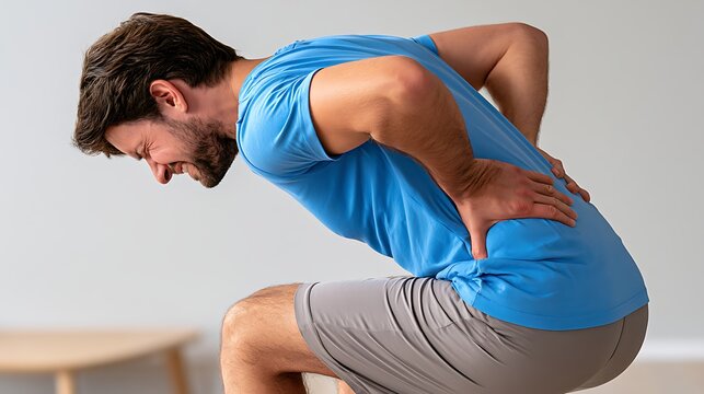Man experiencing sharp lower back pain wearing casual blue shirt at home