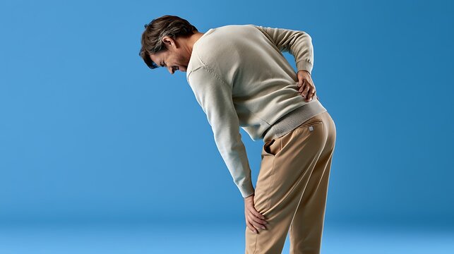 Man in beige clothing bending over and holding lower back in pain isolated