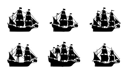 Six Silhouette Tall Ship Icons, Vintage Sailing Vessel Graphics, Nautical Fleet Vector Set, Maritime Adventure Symbols © Tanvir