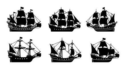 Six Silhouette Tall Ship Vector Icons, Vintage Sailing Vessels Collection, Nautical Exploration and Maritime History Graphics © Tanvir