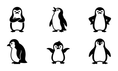 Obraz premium Set of 6 Cute Penguin Icons, Vector Graphics, Expressive Characters, Black and White, Animal Emoticons for Design