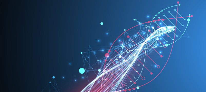 Abstract digital technology background with DNA helix structure and glowing neon light waves. Vector illustration.