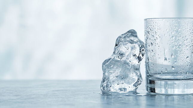 Sculpted clear ice chunk leaning on glass tumbler with condensation water droplets and copy space for summer refreshing beverage concept.