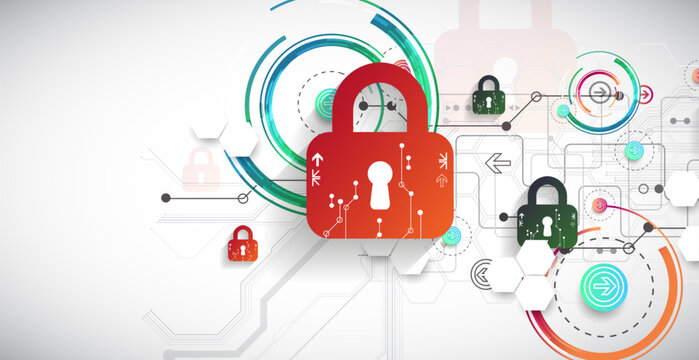 Cybersecurity background with colorful padlocks, circuit board lines, geometric circles. Vector concept