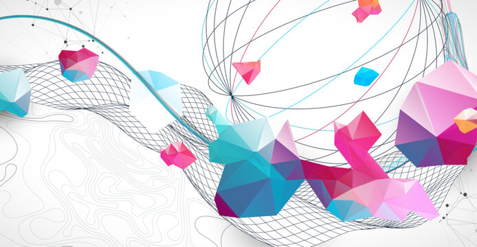 Abstract art background with scientific geometric concepts colorful low poly crystals and delicate wave lines. Vector