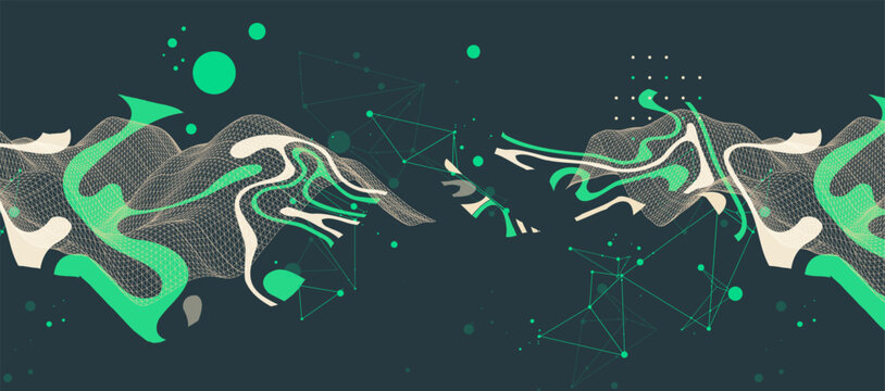 Abstract futuristic background with dynamic green and beige fluid waves, mesh grid, geometric lines. Vector