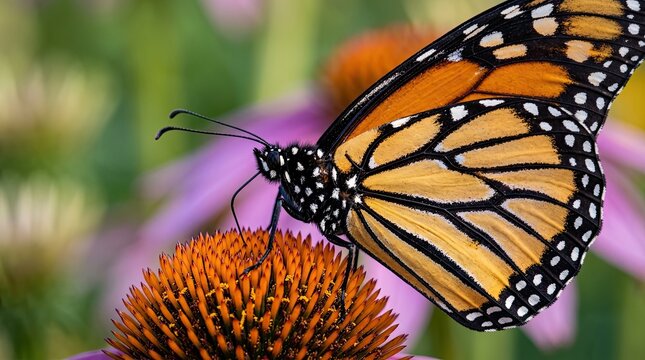A beautiful monarch butterfly resting on a vibrant purple coneflower in a sunny garden during the summer season