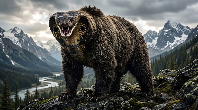 Mythical hybrid beast combining grizzly bear body with dangerous cobra head standing fiercely in wild mountain landscape on white background