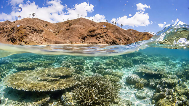 Over under split level view of a shallow coral reef flat below the waterline and arid savannah hills above with a breaking wave crest in East Nusa Tenggara, Indonesia