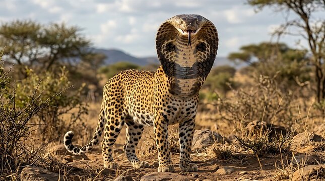 Hybrid creature featuring a majestic leopard body combined with a hooded cobra head showcased in high resolution on white background