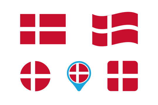 The Denmark national flag. The Denmark national flag in vector format with a 2:3 aspect ratio rectangle, waveform, round, rounded pin and square shapes.
