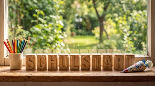 Schulstart aus Holzbuchstaben auf Fensterbrett in Nahaufnahme