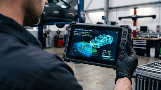ADAS system diagnostic tablet showing vehicle sensor calibration and technician analyzing data