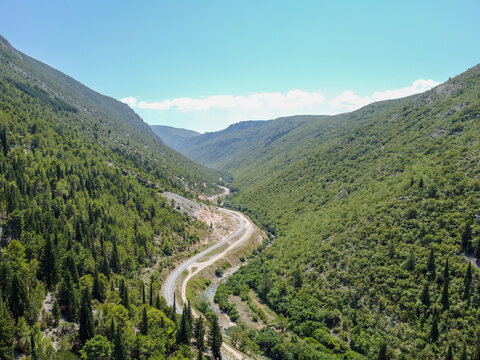 Canyon of the Bregava river in Bosnia and Herzegovina, aerial drone view. 