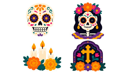 Obraz premium Decorative skull, candles, flowers and cross vector set
