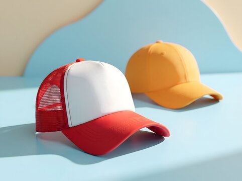 Two blank baseball caps, one in red and white and one in solid yellow, are displayed on a blue surface against a soft beige backdrop, ideal for apparel branding and logo mockup presentations. This cle
