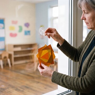Erzieherin h&auml;ngt Fensterbild als Detail-Nahaufnahme am Fenster auf