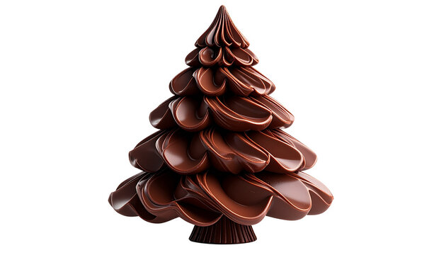 3d Christmas pine tree made of chocolate layers, isolated on transparent background, PNG.